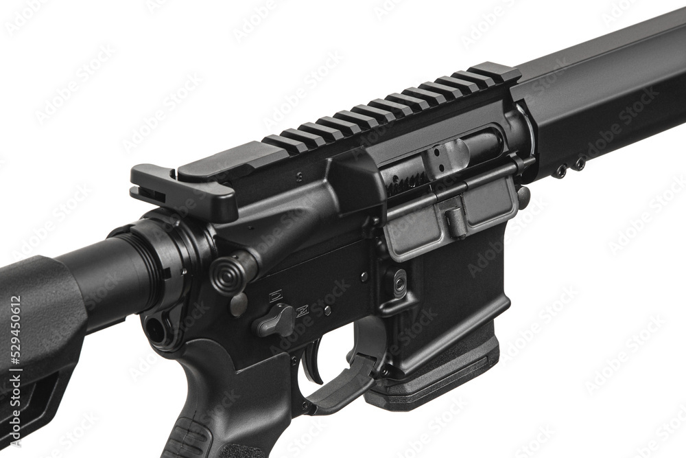 Part of the weapon close-up. Modern automatic rifle isolated on white background. Weapons for police, special forces and the army. Automatic carbine. Assault rifle on white.