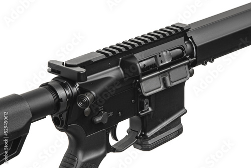 Part of the weapon close-up. Modern automatic rifle isolated on white background. Weapons for police  special forces and the army. Automatic carbine. Assault rifle on white.