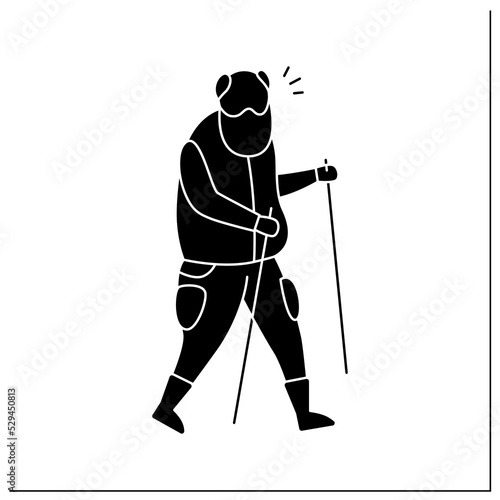 Scandinavian walking glyph icon.Man walk with special equipment.Cardiovascular exercise. Physical activity. Senior exercise concept. Filled flat sign. Isolated silhouette vector illustration