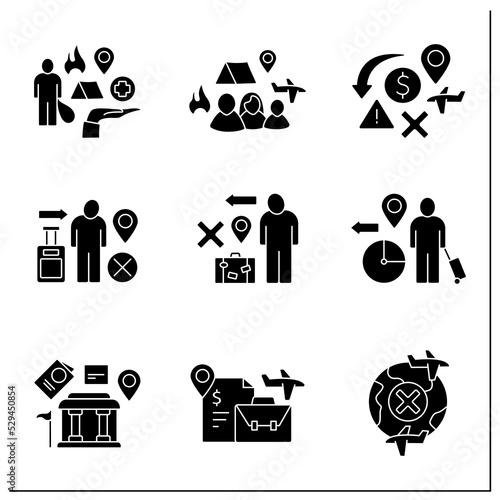 Migration glyph icons set. Emigration and immigration. Forced movement. Searching for better living conditions. Migration concept. Filled flat signs. Isolated silhouette vector illustrations