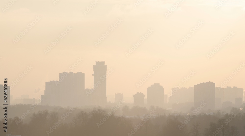 View of a European city on a winter day when the city is hazy due to frost. High quality photoView of the numerous high-rise buildings of a European city on a winter day.