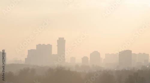 View of a European city on a winter day when the city is hazy due to frost. High quality photoView of the numerous high-rise buildings of a European city on a winter day.