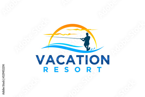 Waterskiing boat logo design beach vacation water sport action icon symbol illustration