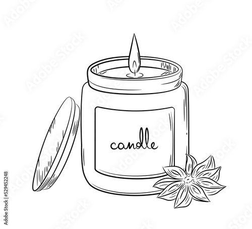 Hand-drawn drawing of an anise scented candle. Linear simple candle in a candlestick with wooden lid. Doodle sketch style. Isolated vector illustration.