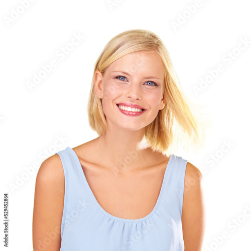 Face portrait of a happy, blonde woman with a smile and teeth on a png, transparent and mockup or isolated background. A cute girl with motivation from Germany with a positive and confident mindset © peopleimages.com