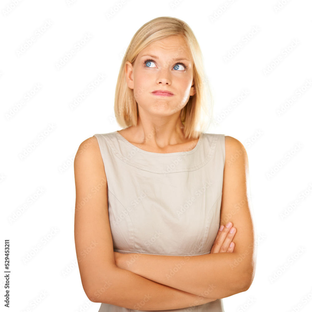 Thinking, doubt and confused about a question or idea by a woman making a decision about business on a png, transparent and mockup or isolated background. Unsure about a thought or choice to choose Thinking, doubt and confused about a question or idea by a woman making a decision about business on a png, transparent and mockup or isolated background. Unsure about a thought or choice to choose