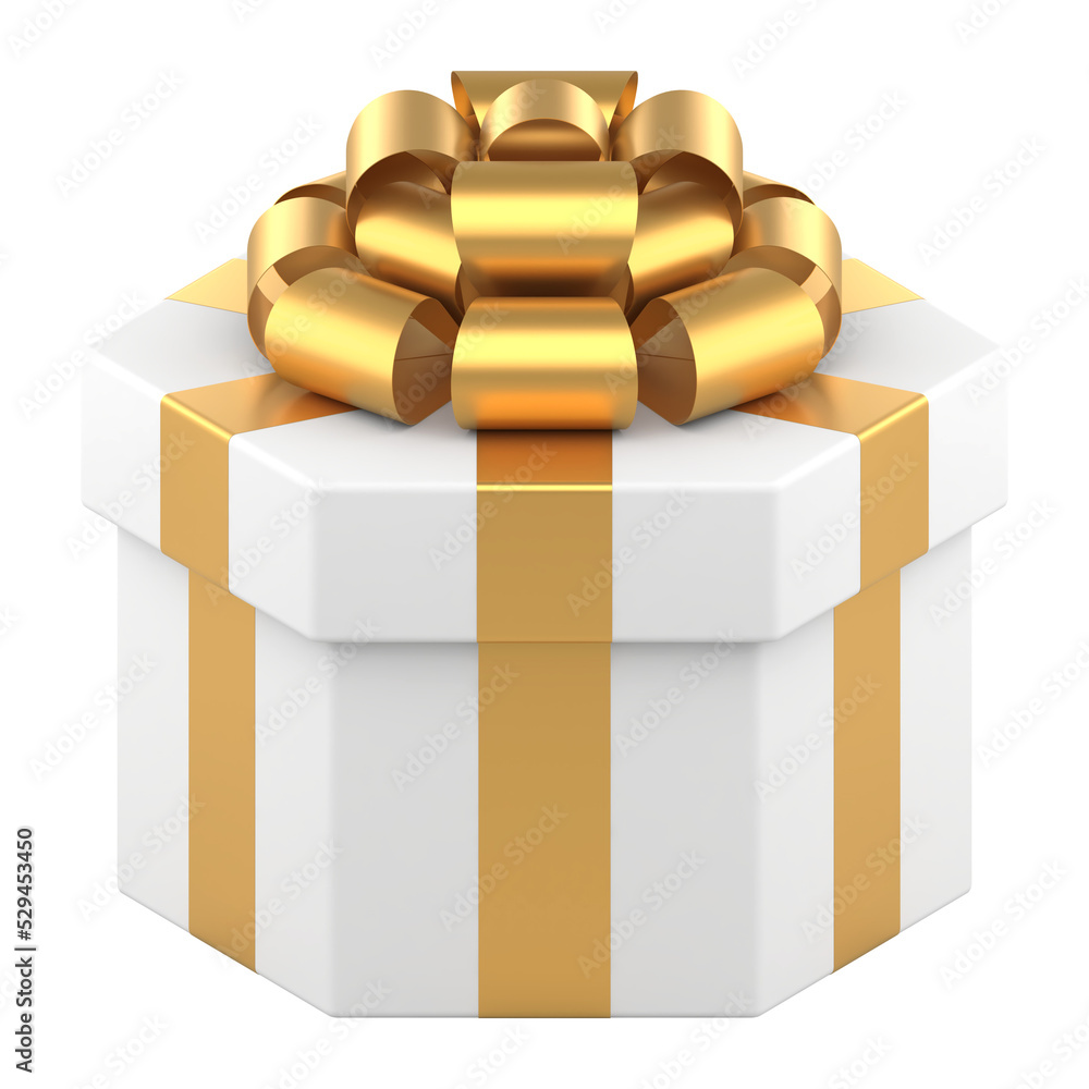 Obraz premium Festive polygonal white box with gift 3d. Realistic celebrate packaging with gold bow and paper ribbons