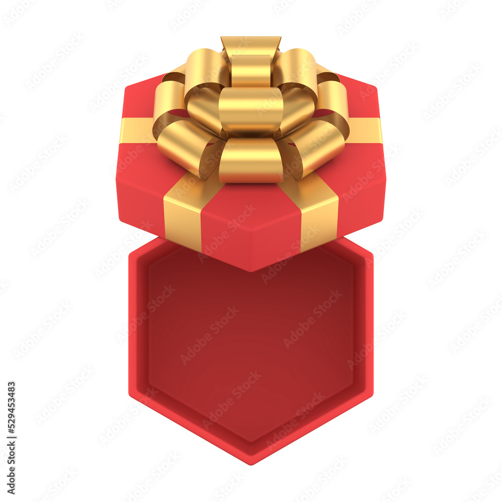 Christmas red hexagonal gift box with open lid top view. Festive present with gold ribbons and fluffy bow Christmas red hexagonal gift box with open lid top view. Festive present with gold ribbons and fluffy bow