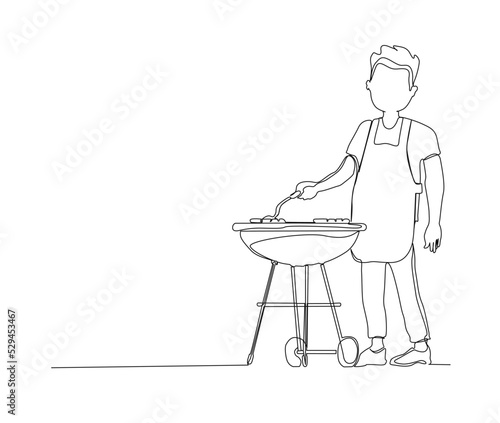 Continuous one line drawing of man cooking sausage on barbecue grill. single line of man cooks a barbecue , minimalism style.