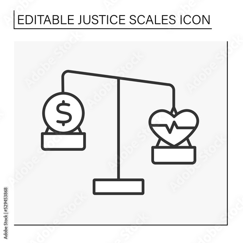  Balance line icon. Antique balance scales with money and health. Choice between healthcare and wealth. Justice scales concept. Isolated vector illustration. Editable stroke
