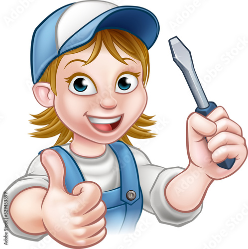 Cartoon Female Electrician Holding Screwdriver