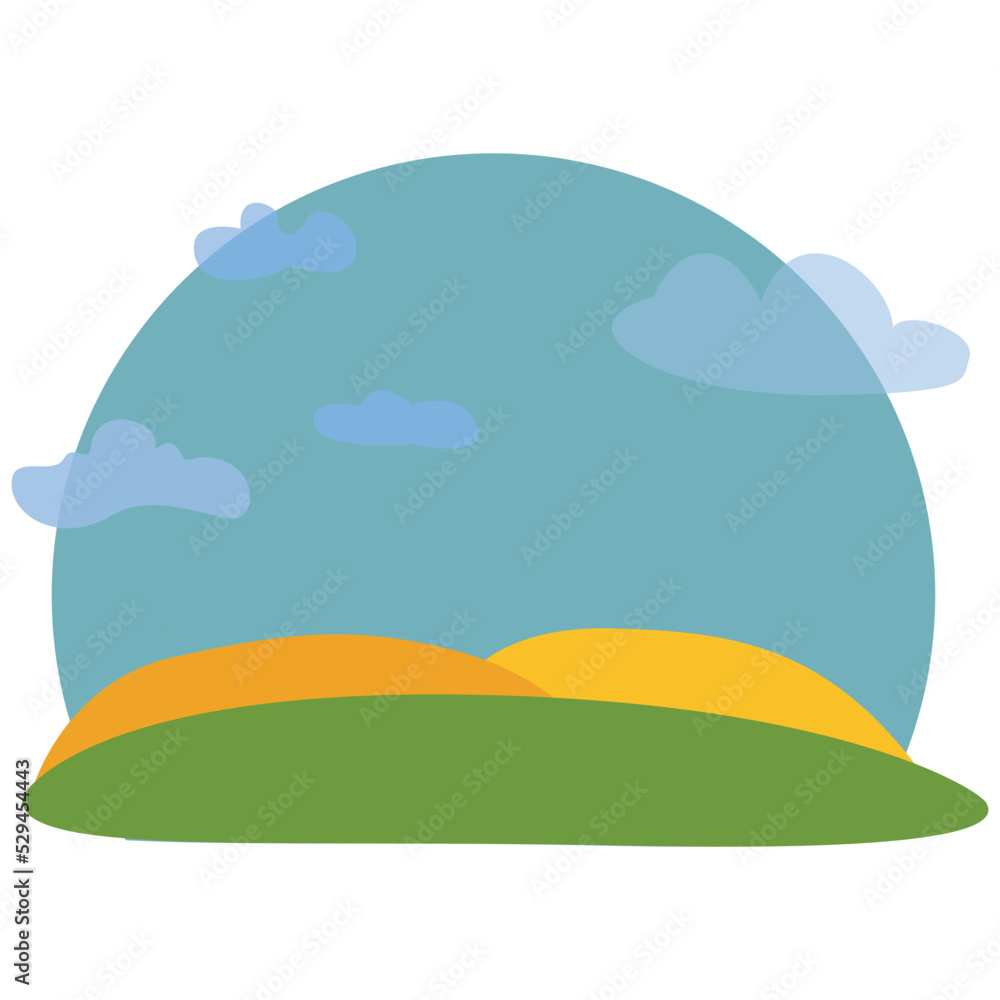 Rural landscape with clouds and fields. Summer green hills, meadows and fields, blue sky with white clouds.Vector illustration