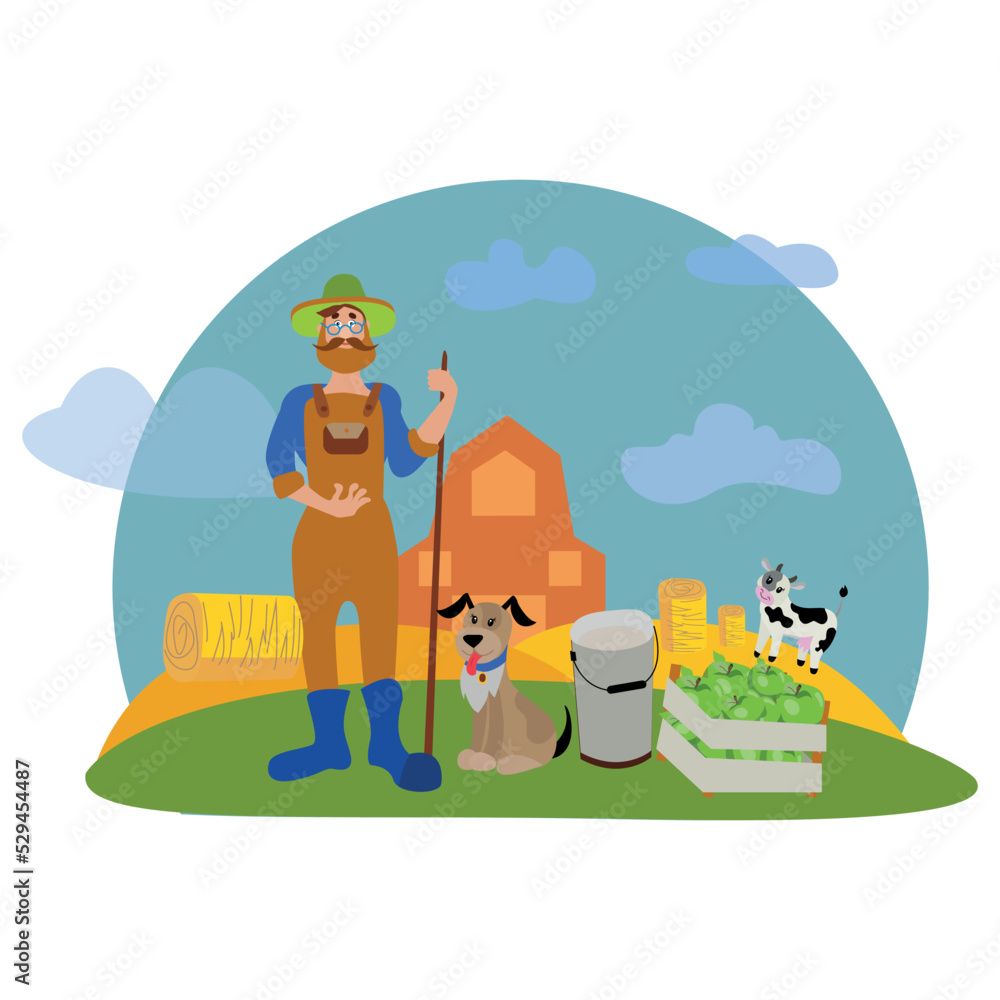 Farmer with a dog and a pig on a rural background. Vector illustration.