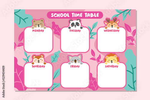 Back to School TimeTable Template Cute Animal Theme