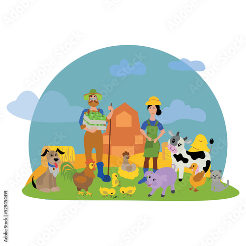 Farmers and pets on a rural background. cow  dog  chicken  rooster  goose  pig.Vector illustration