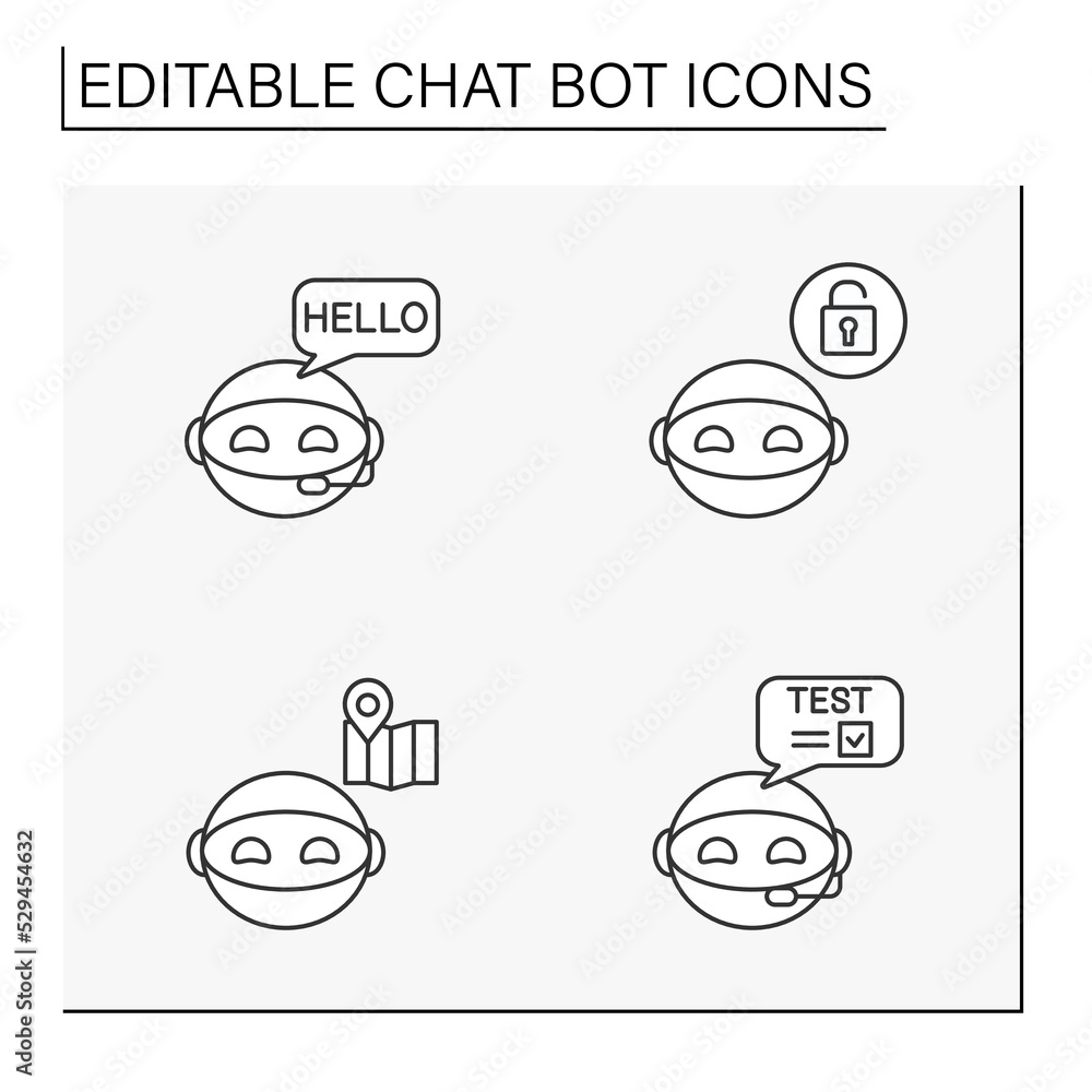 Chatbot line icons set. Bot help users. Communication and recommendations. Robot concepts. Isolated vector illustrations. Editable stroke