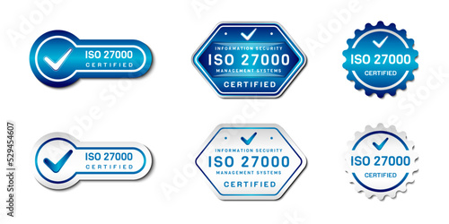 ISO 27000 Certified Label Stamp. Information Security Management Systems Sign. With check icon. On gradient blue and white color. Premium and luxury emblem vector template