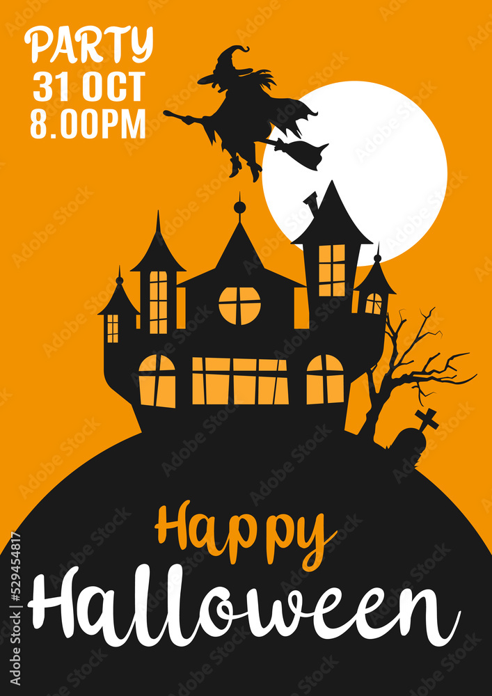 Halloween party invitation with scary witch and broom castle or grave, moon. Happy Halloween holiday. Poster or web banner with yellow background for school. Vector illustration