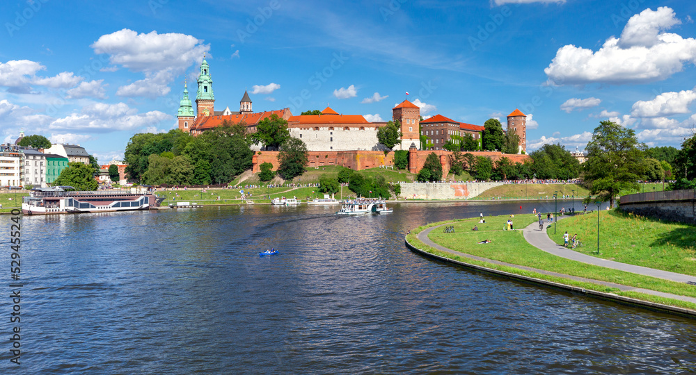 Obraz premium Old houses and towers behind the fortress wall on the banks of the river.