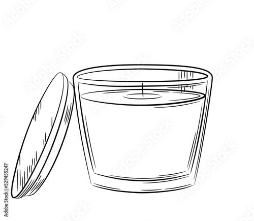 Wax candle in glass holder with wooden lid. Sketch in doodle style. Isolated vector illustration with strokes.