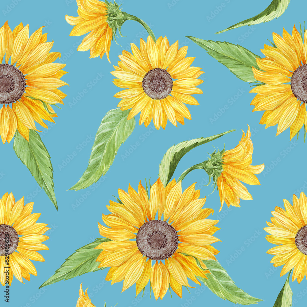 seamless pattern watercolor yellow sunflowers with green leaves on a blue background for wrapping paper, dough, scrapbooking paper background