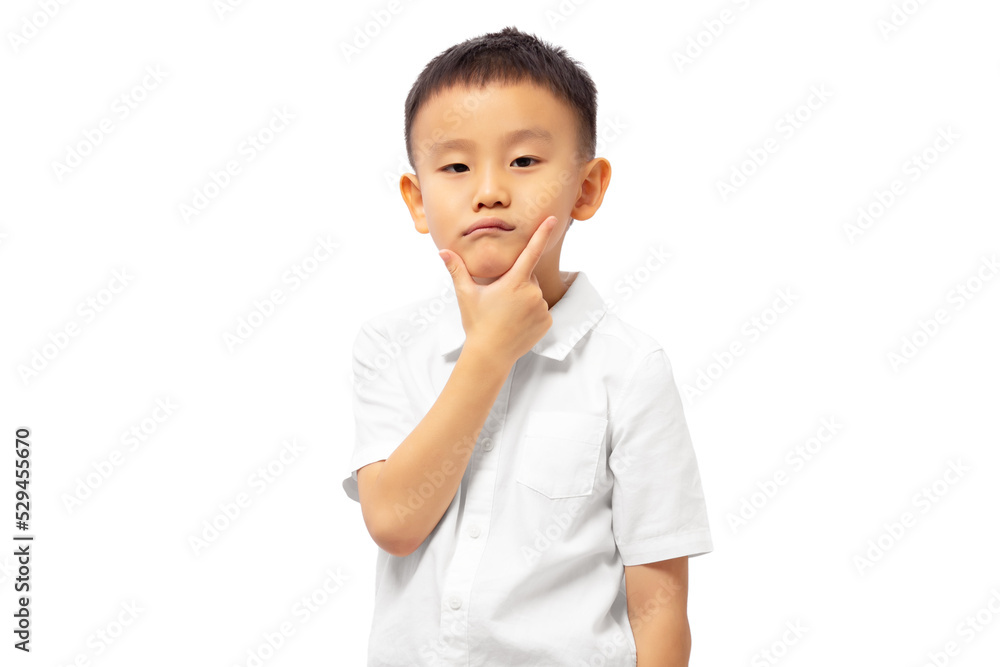 Kid thinking with worry and hand on chin, wearing white shirt Kid thinking with worry and hand on chin, wearing white shirt
