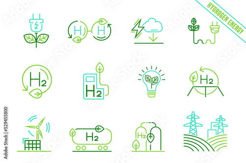 Green hydrogen production. Icons collection. Pictograms set