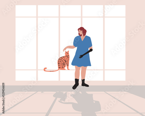 Disabled woman with prosthetic arm petting cat as pet indoor, flat vector stock illustration with room with window and shade in morning