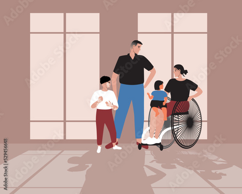 Inclusive family at home together, woman in wheelchair, vitiligo in child, flat vector stock illustration with room with window and shade