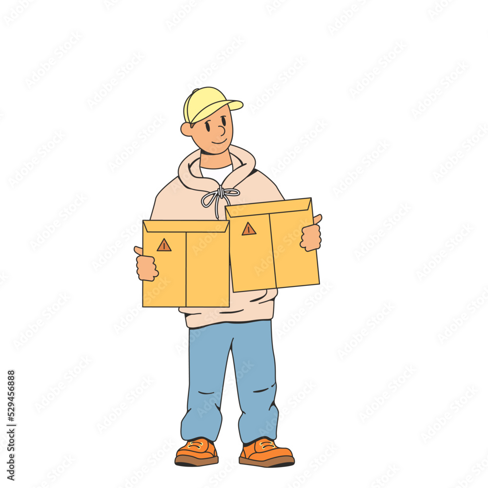 Young man,deliverer.Holds an envelope,package in his hand.Smiling and showing thumbs up.The concept of fast delivery of parcels to the house.Modern stock vector illustration of delivery of the order. Young man,deliverer.Holds an envelope,package in his hand.Smiling and showing thumbs up.The concept of fast delivery of parcels to the house.Modern stock vector illustration of delivery of the order.
