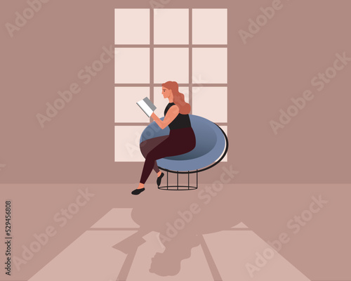 Woman reading book in room by window in evening, flat vector stock illustration with room with light from window and shadow