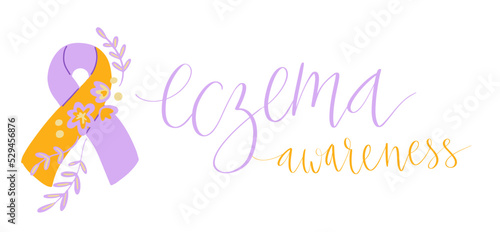 Eczema National Awareness Month October handwritten lettering and purple and orange support ribbon. Web banner vector template