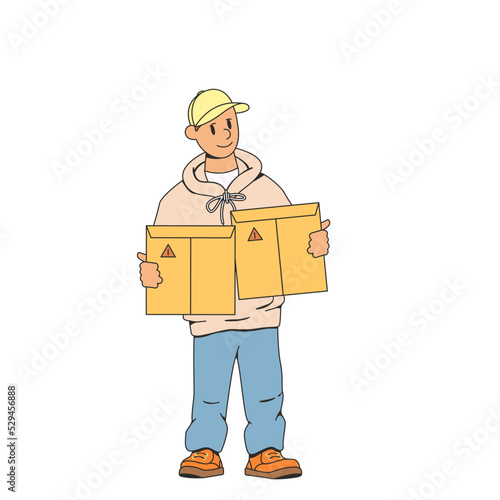 Young man,deliverer.Holds an envelope,package in his hand.Smiling and showing thumbs up.The concept of fast delivery of parcels to the house.Modern stock vector illustration of delivery of the order.