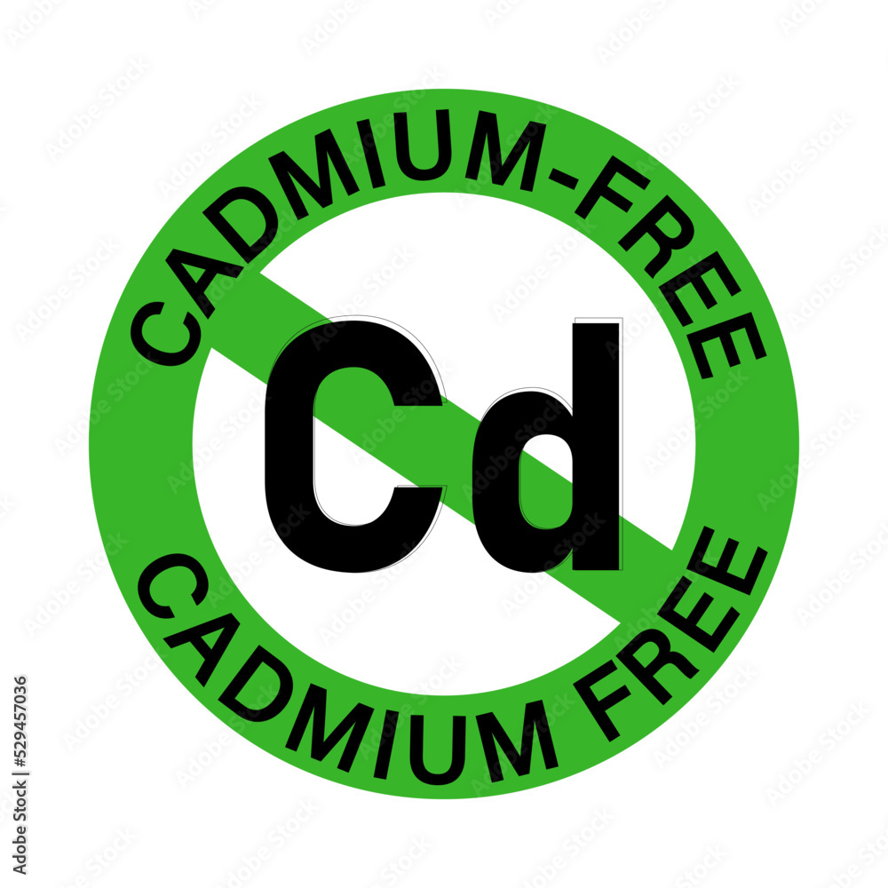 Cadmium free, green ban sign with circular text and the symbol of the chemical element. White background Cadmium free, green ban sign with circular text and the symbol of the chemical element. White background