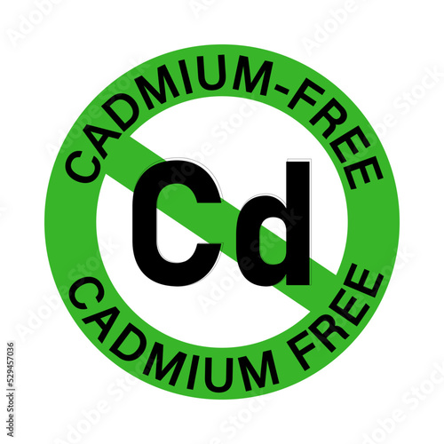 Cadmium free, green ban sign with circular text and the symbol of the chemical element. White background