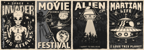 Space adventure set posters monochrome