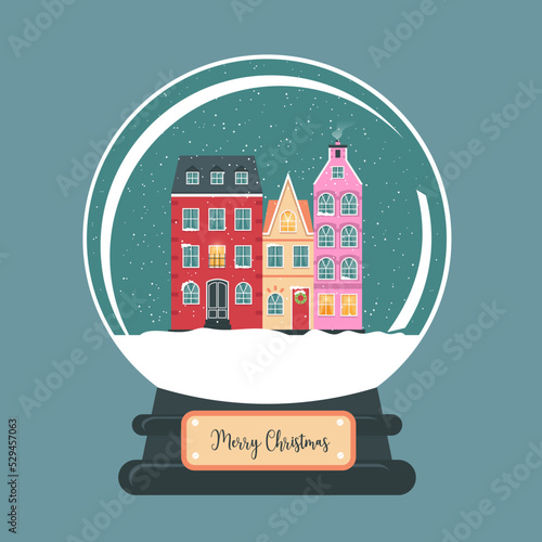 Christmas snow globe with Amsterdam houses. Isolated vector illusrtation