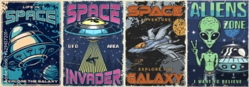 Space set vintage colorful posters