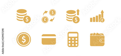 Finance icons set, money icon, coins, inflation icon, economy icons, wallet icon.