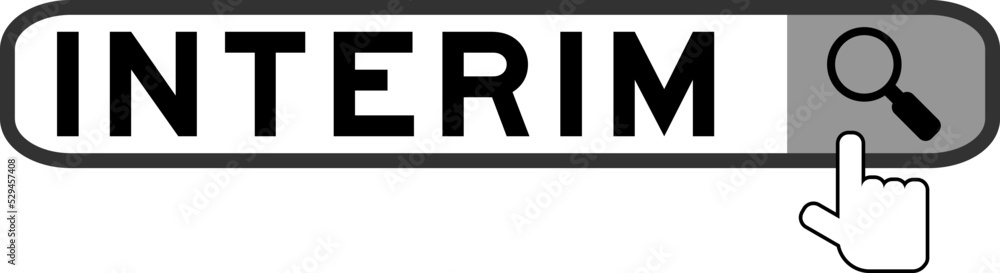 Search banner in word interim with hand over magnifier icon on white background Search banner in word interim with hand over magnifier icon on white background