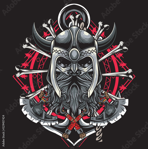 Vector IIlustration of Skull Wearing Vikng Helmet with Axes and Bones in Vintage Style