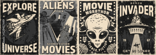 Space comics set posters monochrome