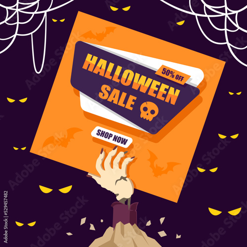 Zombie's hand hold Halloween sale discount banner decorate yellow scary eyes. Vector illustration flat design for banner, poster, and background.