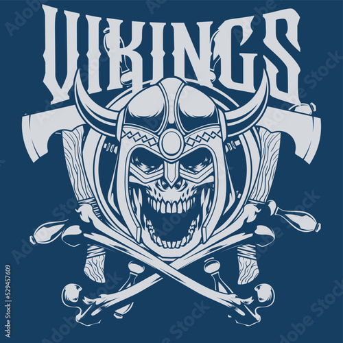 Vector IIlustration of Skull Wearing Vikng Helmet with Axes and Bones in Vintage Style