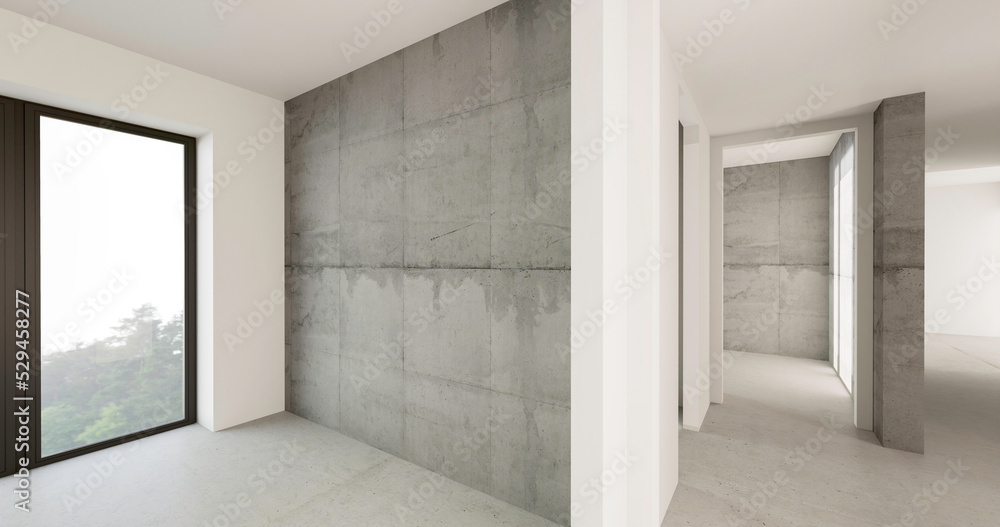 Puste niewykończone mieszkanie, betonowe podłogi i ściany. Aranżacja wnętrza. 3d render - obrazy, fototapety, plakaty 