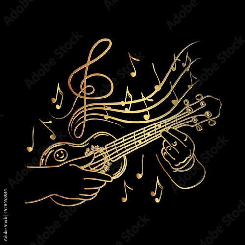 Concept of inspired ukulele playing, hand-drawn doodle. Little guitar. Hawaii. Flying notes. Music. Inspiration. Fingering with fingers. Gold gradient. Isolated vector illustration on black background