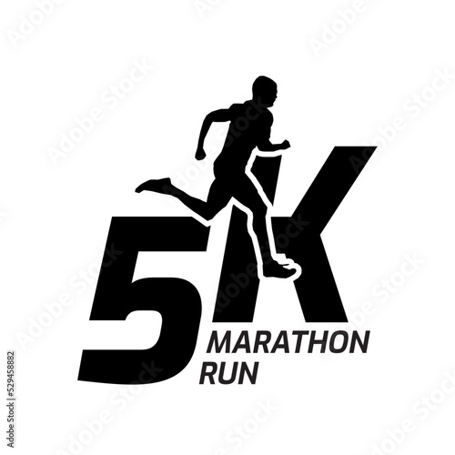 Black silhouette marathon run event logo template with running people illustration, 5KM, 5k