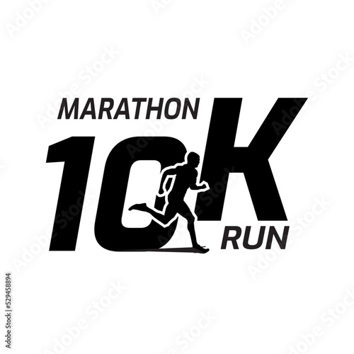Black silhouette marathon run event logo template with running people illustration, 10K