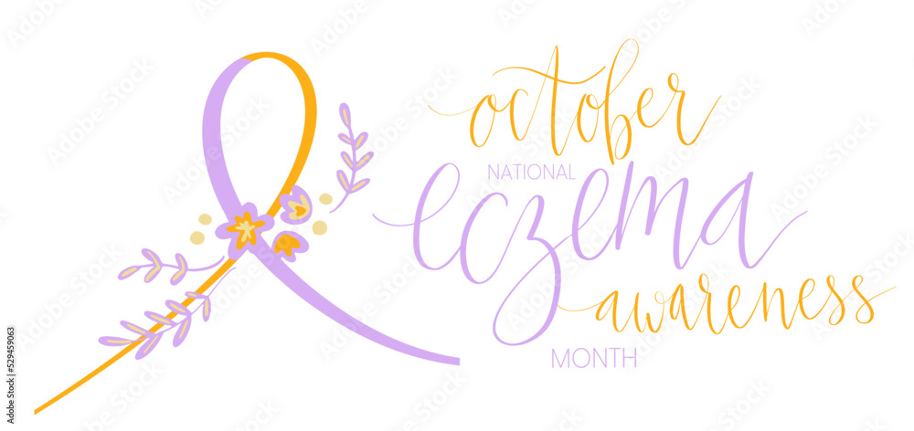 Eczema National Awareness Month October handwritten lettering and purple and orange support ribbon. Web banner vector template