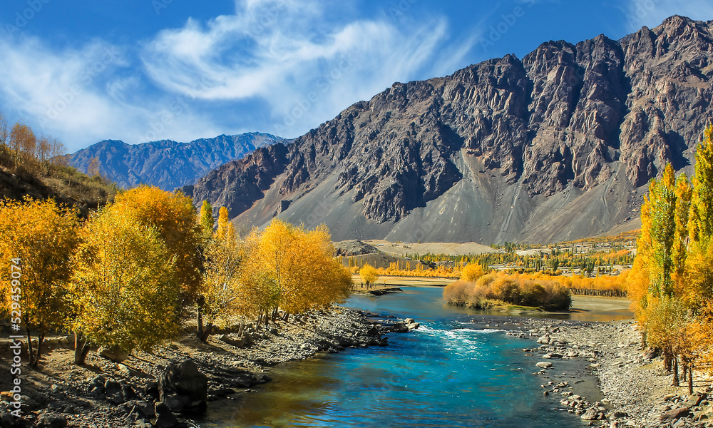 Gilgit Autumn landscape in the mountains in the Ghizer district of Gilgit ...